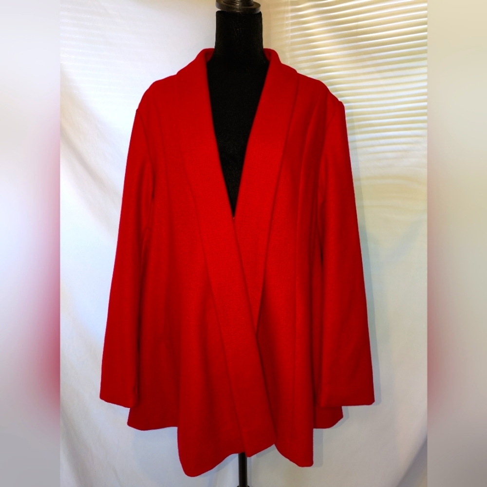 Red Wool-Blend Shawl Collar Blazer – Women’s Large Open Front Coat